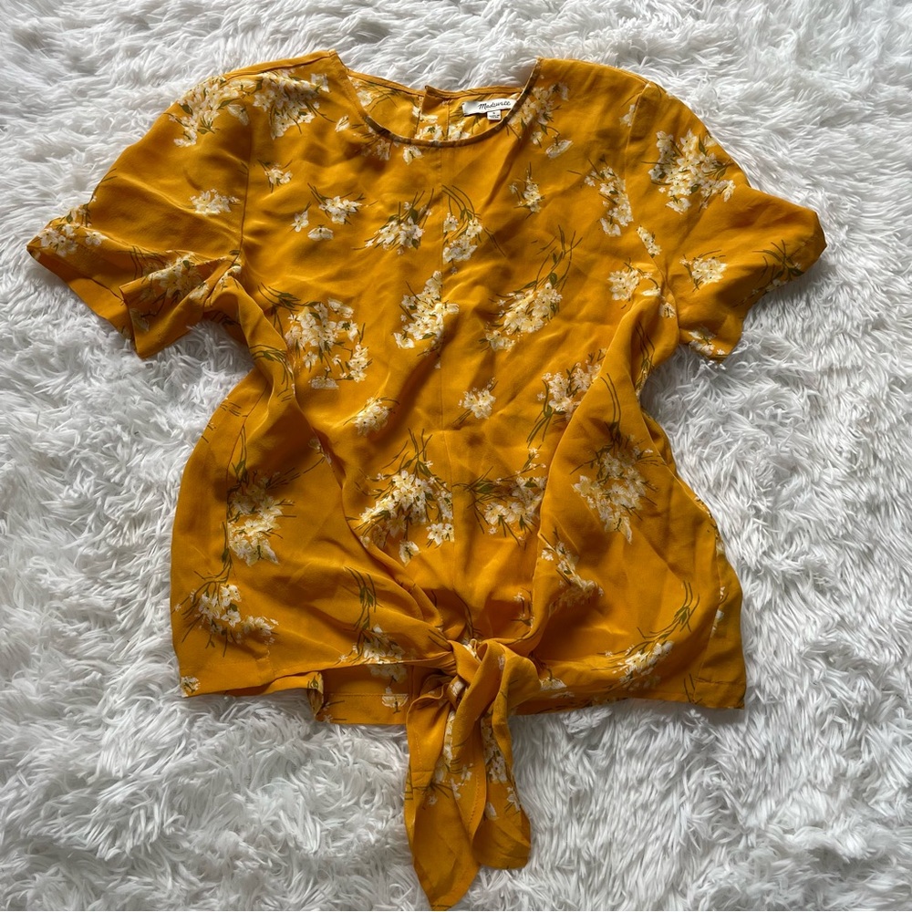 Madewell Tie Front Floral Silk Short Sleeve‎ Top